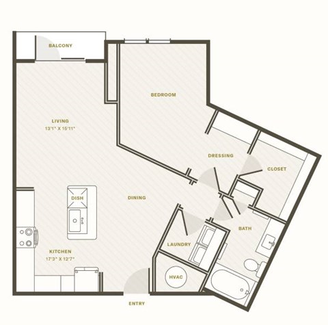 Floor plan for 1 bed, 1 bath, 920 sqft